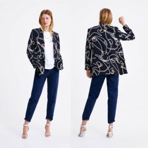 Zara navy chain print blazer, NWOT, XS - Picture 4 of 13